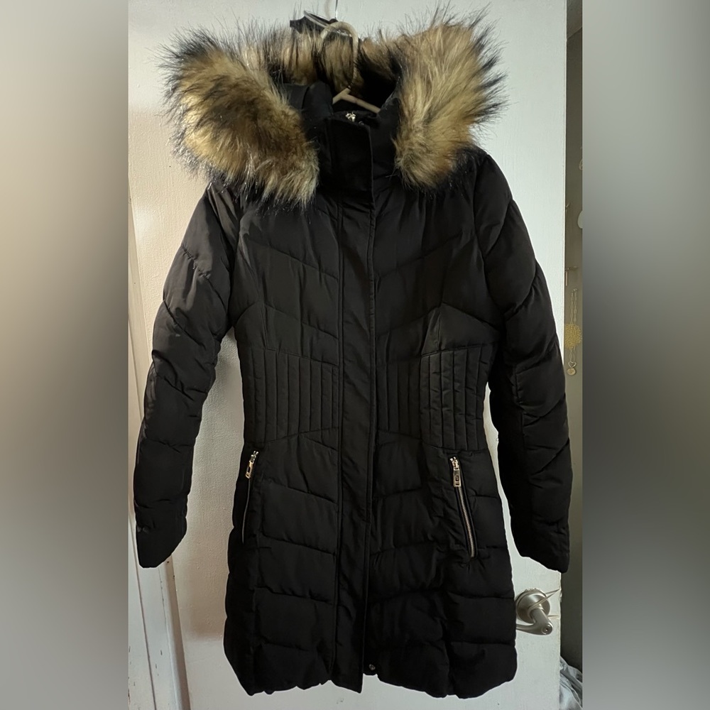 coat Ivanka Trump Black Puffer Coat Faux Fur Hood Long Quilted Jacket XS - Picture 2 of 8